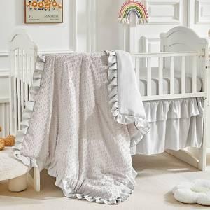 lot 6183 image: 3 Pieces Tufted Crib Bedding Set with Ruffle Fringe, Grey Ruffled Comforter with Fitted Sheet and Bed Skirt, Soft and Embroidery Shabby Chic Boho Bohemian Jacquard Design for Baby Boys Girls