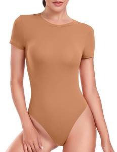 lot 6186 image: HeyNuts Womenfts Ultra Soft Short Sleeve Crew Neck T-Shirts Bodysuit, High Cut Double Lined Sexy Tummy Control Tank Tops Bodysuit Leotard Clothing Apricot Tan L(12)