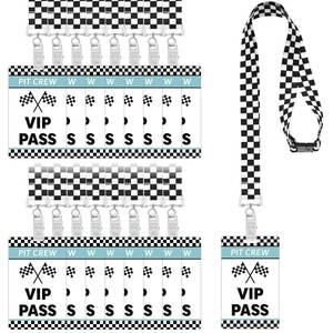 lot 6218 image: MotiMind 30 Sets Vintage Racing VIP Pass Cards with Checkered Racing Lanyards Bulk PVC Retro Vintage VIP Pass Cards with White and Black Lanyards for Race Car Birthday Party Fast One Party Supplies