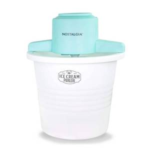 lot 11793 image: Nostalgia 4-Quart Ice Cream Machine  Vintage Electric Ice Cream Maker with Clear Lid  WhiteBlue