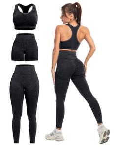 lot 11862 image: SALSPOR 3 Piece Workout Sets for Women Butt Lifting Leggings with High Impact Sports Bra Gym Shorts Activewear Matching Set(3DWX-Washed Black-2XL)