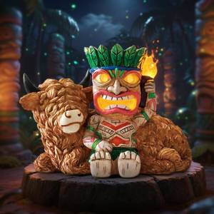 lot 11865 image: Miggley Funny Tiki Highland Cow Solar Garden Statue with LED Light - Outdoor Yard Lawn Patio Decor - Great Birthday Housewarming Gift for Women, Mom, Grandma