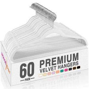 lot 11874 image: HOUSE DAY White Velvet Hangers 60 Pack, Non Slip Clothes Felt Hanger Heavy Duty for Coat, Premium Slim Space Saving Suit Hangers for Closet Organizer, 360° Rotating Silver Hook