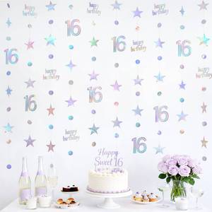 lot 12338 image: GCQQ 16 Birthday Decorations - 4 Packs Iridescent Holographic Sweet 16 Year Old Star and Circle Hanging Garlands 46FT Happy 16th Birthday Banner Streamers for Girls, Boy, Backdrop and Teen Party Dcor