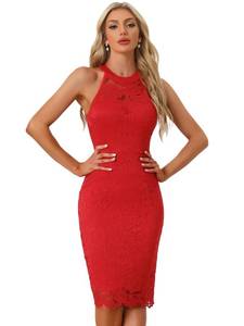 lot 12361 image: Allegra K Halter Formal Dress for Womenfts Sleeveless Bodycon Wedding Guest Cocktail Lace Sheath Dress Medium Red