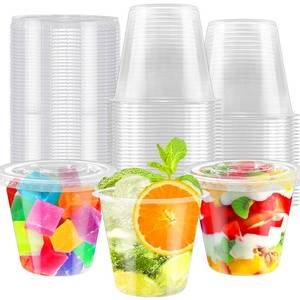 lot 12374 image: Szsrcywd 50 Pack 9 Oz Clear Plastic Cups with Flat Lids,Disposable Dessert Cup,Portable Containers for Ice Cream,Pudding,Cake,Fruit,Cold Drinks(No Hole)