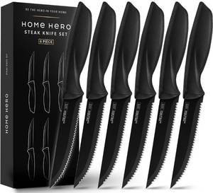 lot 12375 image: Home Hero Steak Knife Set - Effortless Cutting and Serrated Steak Knives - Rust-Resistant Stainless Steel Blades and Cutlery Set - Comfort-Grip Handles and Kitchen Knife Set - Pack of 4, Black