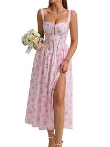 lot 12385 image: KUTUMAI Floral Corset Midi Dress Flowy Slit Summer Spring Wedding Guest Dresses for Women Sundress with Pockets PF M