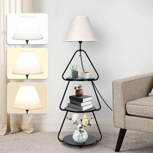 lot 13382 image: Qupui Floor Lamp with Small Round Side Table, 3-Tier Circular End Table with Storage Shelf, Round Corner Coffee Desk Nightstand for Living Room Bedroom Small Spaces, Black