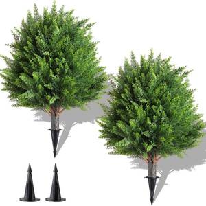 lot 13383 image: Canlierr 2 Pcs 21 Inch Artificial Cedar Topiary Ball Trees with Ground Spike, Cypress Plants UV Resistant Shrubs Fake Bushes for Outdoor Indoor Front Porch Garden Decor