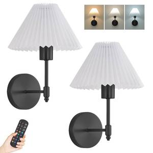 lot 13384 image: Battery Operated Wall Sconces Set of 2,Black Rechargeable Wall Lights with Remote,Dimmable Wall Lamp with Pleated Shades,15 Colors Wireless Bathroom Vanity Wall Light for Bedroom Living Room Hallway
