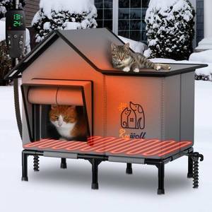 lot 13385 image: Rywell Heated Cat House for Outside,Super InsulatedandWeatherproof Heated Cat House, Elevated Outdoor Cat Shelter for Feral Cat with Waterproof Eaves,Timer and Temp Adjustable