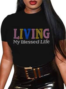 lot 14348 image: Living My Blessed Life Shirts Jesus Christian Rhinestone Bling Women Short Sleeve Graphic Tops Black S