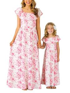lot 14351 image: Mommy and Me Summer Off Shoulder Beach Maxi Dresses with Pocket for Mother�s Day, Easter, Family Photos (US, Age, 9 Years, 10 Years, Flower-Pink)