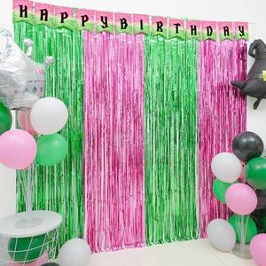 lot 14356 image: Witch Birthday Party Decoration, 2 Pack Witch Themed Photo Booth Prop, Pink and Green Foil Fringe Curtains Tinsel Photo Streamers Backdrop for Witch Themed Birthday Party Supplies