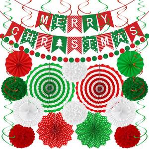 lot 14358 image: 28PCS Christmas Decorations, Christmas Banner Paper Fans Set, Red White Green Pompom Garland Paper Fans Hanging Swirls for Xmas Party Decorations Accessories Indoor Supplies Decor Ugly Sweater Set
