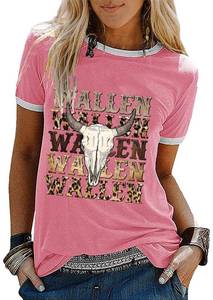 lot 14359 image: Women Cow Skull Print Graphic Tees Crew Neck Western Retro Country Music Short Sleeve Loose Cowgirls Tee Tops