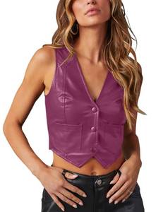 lot 14360 image: Fallorchid Womenfts Button Up Sleeveless Vest Crop Tops Sexy V Neck Faux Leather Jacket Waistcoat