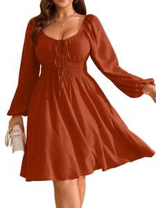 lot 14366 image: RWJ Womenfts 2025 Fall Wedding Guest Dresses Long Sleeve Smocked Square Neck Swiss Dot Party Plus Size Mini Dress Burnt Orange XXL