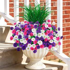 lot 14370 image: INQCMY Artificial Flowers for Outdoors, 12 Bundles UV Resistant Fake Morning Glory and 2 Bundles Greenery Grass, Silk Faux Plants for Garden Porch Patio Home Decor