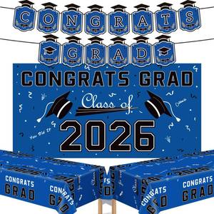 lot 14381 image: Graduation Decorations 2026 2027 - Blue Congrats Grad Banner Backdrop Tablecloth Set - Graduation Decorations Class of 2026  Graduation Party Favors Supplies