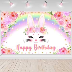 lot 14382 image: Avezano Bunny Birthday Banner Pink Floral Rainbow Bunny Happy Birthday Party Decorations Bunny Birthday Banner Decorations for Girls Rabbit Spring Easter Birthday Party Supplies 70.8 x 43.3 Inch