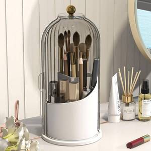 lot 14383 image: Emljkvp Makeup Brush Holder with Dustproof Cover 360 Rotating Makeup Brush Organizer for Vanity Bathroom, Grey