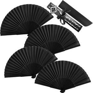 lot 14393 image: 4 Pack Silk Handheld Folding Fans, Decorative Black Vintage Bamboo Hand Held Foldable Fan 8.2in Small Chinese Japanese Retro Style with Case for Women Dance Performance Wedding Party Gift Church