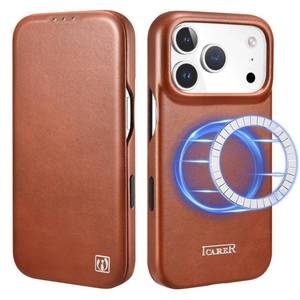 lot 14395 image: ICARER iPhone 17 Pro Case, Genuine Leather Case(Support MagSafe), Magnetic Closure with RFID Card Slot Cover Compatible for Apple iPhone 17 Pro 6.3 inch 2025 Model (Brown)