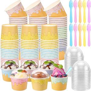 lot 19554 image: Jingmore 60 Set 6oz Ice Cream Paper Cups with Lids and Spoons, Disposable Sundae Bowls, Dessert Cups for Birthday Party Supplies, Paper Ice Cream Bowls Bulk for Yogurt, Snacks