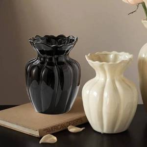 lot 19567 image: Vintage Pumpkin Vase Set of 2 - Thanksgiving Inspired Decor for Home Office, Table Centerpiece, Cream White and Black, Fall Floral Arrangements