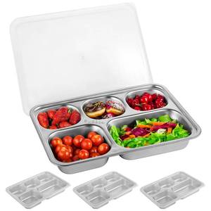 lot 19577 image: 3 Pack Stainless Steel Snack Containers with Lids, 5-Compartment Reusable Meal Prep Lunch Trays with PP Lids, Divided Food Storage Container for Cafeteria Restaurant Travel, 10.2 in x 7.1 in x 1.6 in (Lids Damaged)