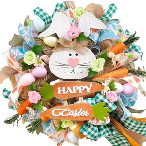 lot 19590 image: Bibelot 18in Easter Bunny Wreaths, Artificial Mesh Door Wreath for Front Door Hanging Decorations with Carrot Eggs Flowers for Home Farmhouse Spring Summer Easter Party Decor