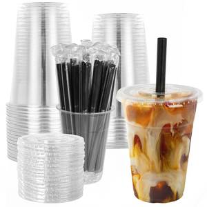 lot 19612 image: lucdnc 16oz Disposable Clear Plastic Cups with Lids and Smoothies Straws Party Drinking Cups for Milkshakes,Cold Coffee-25 Sets