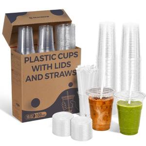 lot 19616 image: Okaysnow 100 Pack 16 oz Clear Plastic Cups with Lids and Straws, Organized Dispenser Box, Heavy Duty Disposable Iced Coffee Cups, Crystal Clear Smoothie To Go Cups, PET, BPA Free