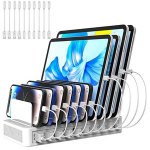 lot 19626 image: RISWOJOR Charging Station for Multiple Devices, 100W 10 Ports Charging Dock with 10 Cables Smart IC Tech and Adjustable Dividers Type-CMulti USB Charger for iPhone Galaxy iPad TabletWhite