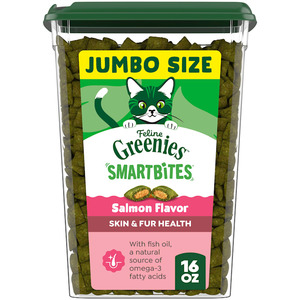 lot 20247 image: Greenies Salmon Flavor Soft Crunchy Dry Cat Treats  16 Oz Tub