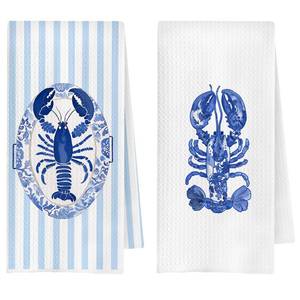 lot 20252 image: ChenCraty Blue Chinoiserie Lobster Coastal Kitchen Towels, Beach Nautical Dish Tea Towel for Kitchen, Blue Striped Crawfish Ocean Decorative Hand Towels for Bathroom, 16x24 Inches Set of 2