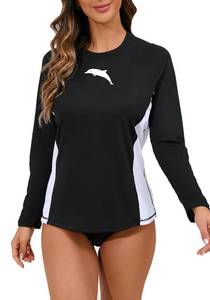 lot 20267 image: Halcurt Womenfts Plus Size Long Sleeve Rash Guard Swim Shirt with Built in Bra Lightweight UPF50 Quick Dry Swimsuit Top Black Green 1XL