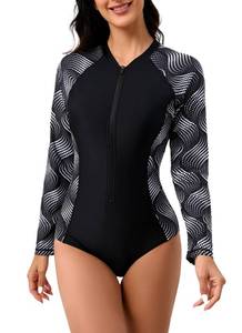 lot 20272 image: Halcurt Womenfts One Piece Rash Guard with Built in Bra UPF50 Zip Long Sleeve Surfing Athletic Swimsuit Black Flow S