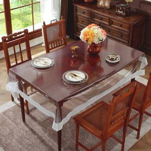 lot 20309 image: Runqiju Clear Table Cover Protector Rectangle Waterproof Vinyl PVC Tablecloth with Lace Trim, Wipeable Plastic Table Cloth for Party Dining Tables, Kitchen Home (Fengweibian, 60 x 120 Inch)