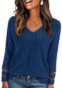 lot 20344 image: PRETTYGARDEN Womenfts Long Sleeve Shirts Ribbed Knit V Neck Tee Dressy Casual Blouses Going Out Tunic Tops 2026 Fall Outfits (Dark Blue,X-Large)