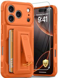 lot 20348 image: GIVELOT for iPhone 17 Pro Case with Card Holder4-5 Cards9H Screen Protector Full Camera ProtectionRFID BlockingHidden Kickstand Rugged Heavy Duty Wallet Case for iPhone 17 Pro(Orange)