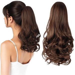 lot 20351 image: HEWEICSY Ponytail Extension, Clip on Ponytails for Women, 14in Claw Clip in Short Curly Wavy Pony Hair Extension for Women - Brown