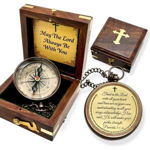 lot 20376 image: Compass Trust in Lord Religious Brass Compass Gift with Bible Proverb Engraved, Christian Inspirational Gift for Men, Faith Based Graduation, Birthday, Gift for Son, Holy, Anniversary