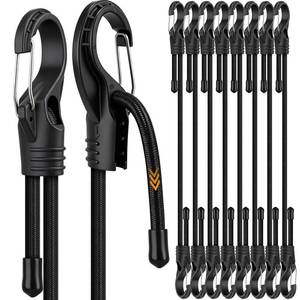 lot 20390 image: 8-Piece 24-inch Adjustable Bungee Cords with Hooks, Heavy Duty Outdoor Carabiner Bungee Straps, Easily Adjust from 7in to 24in, Black Super Elastic Cord for Cargo, Camping, Bike Racks, Tents