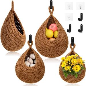 lot 20403 image: Boho Decor Hanging Fruit Baskets for Kitchen - 3 Pack Wall Hanging Basket with 6 Pcs Strong Hooks, Handwoven Hanging Holder Teardrop Produce Basket for Fruits Vegetable Potato Onion Storage (Linen)