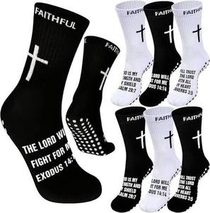 lot 2320 image: Two crop six pair grip soccer socks youthman football black Bible verse socks
