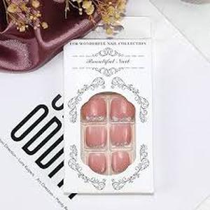 lot 12344 image: Toe Nails Pres on Short Square Fake Toe Nails with Bling Rhinestone Designs Nude Pink False Toenails for Women Full Cover Glossy Stick on Nails Glue on Toenails 24Pcs Manicure Art