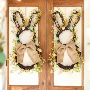 lot 19519 image: 2 Pack Easter Bunny Wreath 20 Inch Rabbit Shaped Spring Wreath with Eggs and Burlap Bow